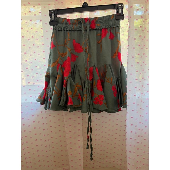 Indikah Dresses & Skirts - Indikah Sage Green Red Floral Pleated Flared Mini Skirt XS